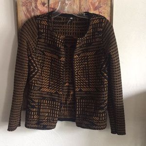 HM H&M STRETCH BOHO PATTERN OPEN WOVEN BLAZER JACKET TAN BLACK TRIBAL SOHO XS